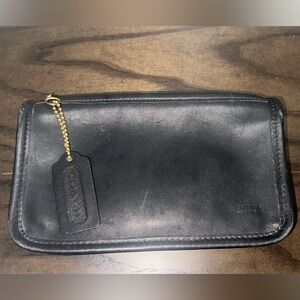 Coach Vintage 1980s Black Leather Cosmetic Case: Chunky Zip, Blue Stripe Lining